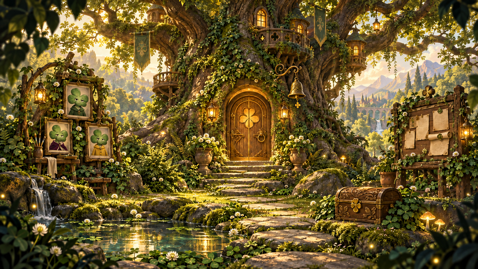 An ancient clover oak with a golden door, a portrait grove, noticeboard, invitation chest and reflecting pond.