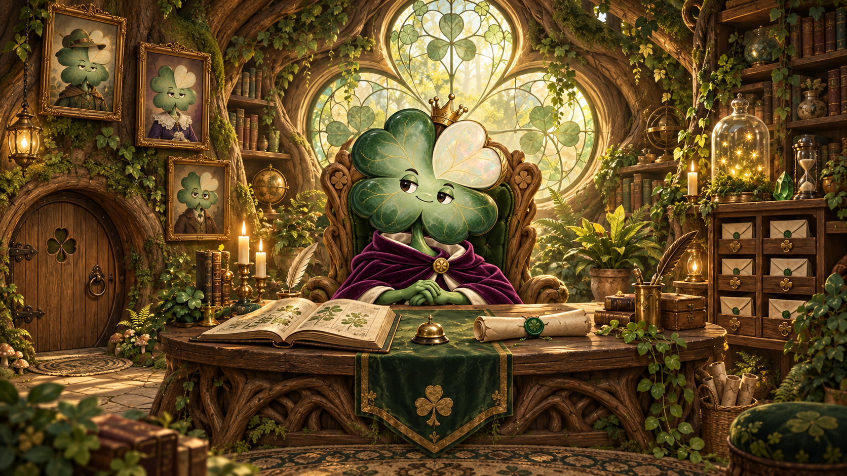 The Clover King in a crown and velvet cape, seated on a root throne behind a desk with a quest scroll, storybook and brass bell.